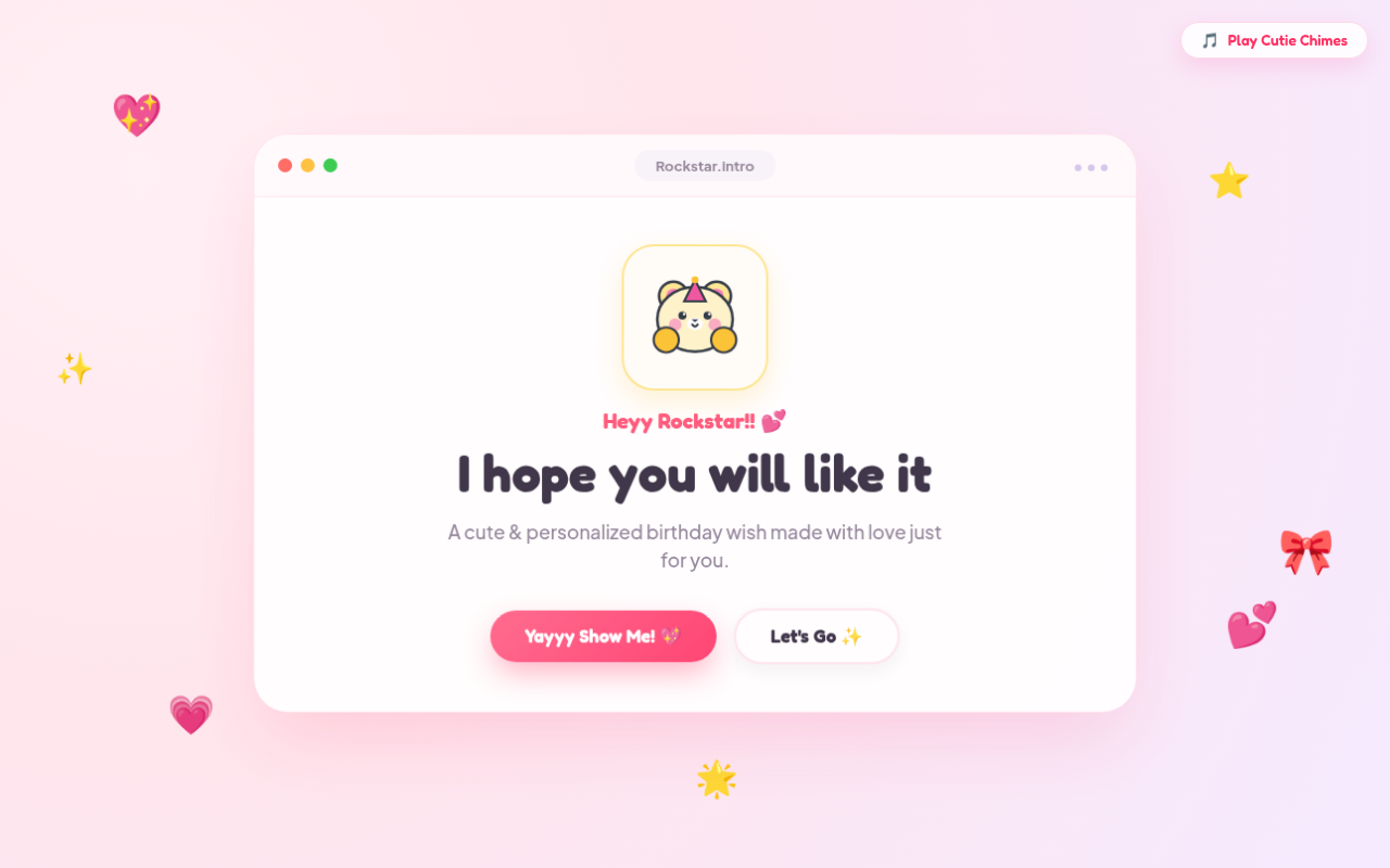 Cutie Page — Kawaii Pastel Window & Mascot Celebration Desktop Screenshot